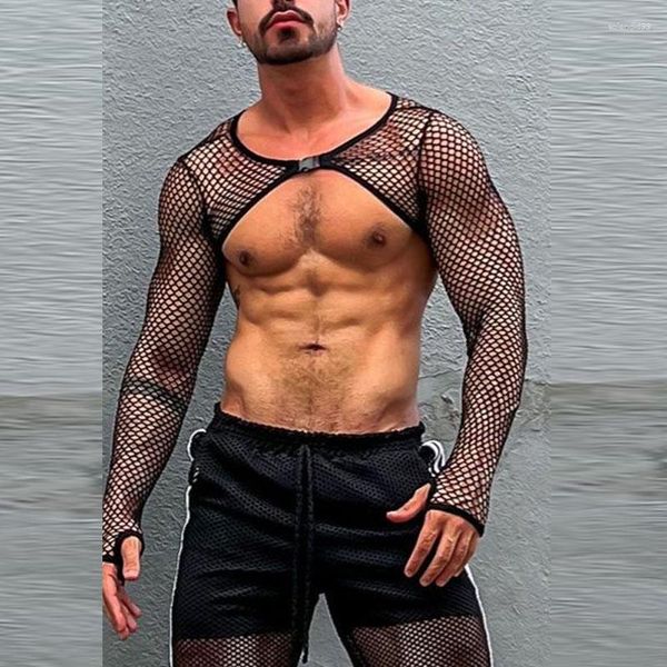 T-shirts pour hommes Discothèque Crop Tops Hommes Sexy Mesh Manches Longues Évider Slim T-shirts Streetwear Mode Party-wear Vêtements Hommes Chemise