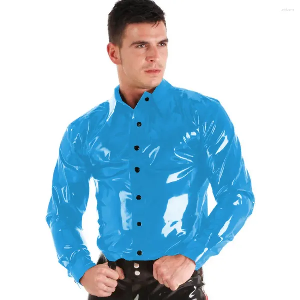 Camisetas para hombres Club nocturno para hombre Camisa de cuero de PVC brillante Top Aspecto húmedo Botón de látex sintético Manga larga Cuello extendido Fiesta Bar Clubwear