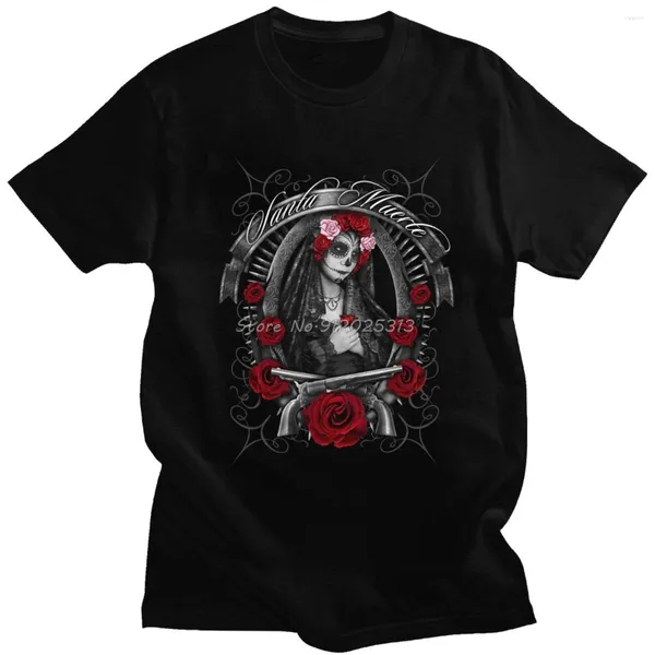 Camisetas para hombre Novedad Santa Muerte Camiseta para hombre Manga corta Mexican Death Muertos Mother Skull Camiseta Summer Flower Guns Shirt Camiseta de algodón