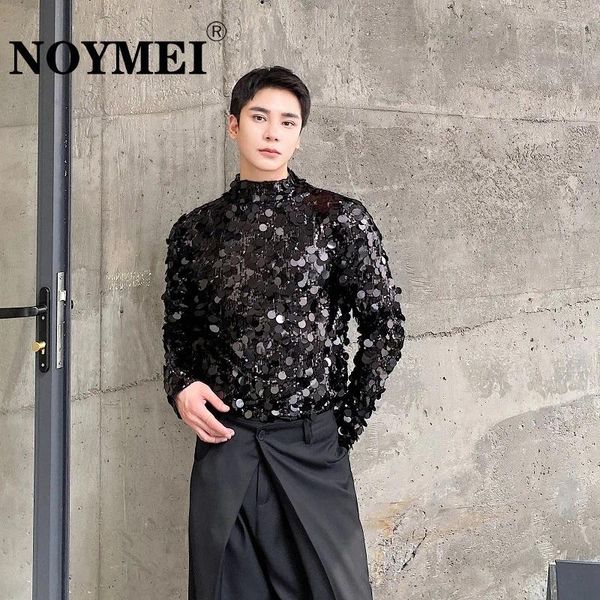 T-shirts pour hommes Noymei automne tendance sequin col debout à manches longues T-shirt ajusté à la mode perlé bas personnalisé haut WA3096