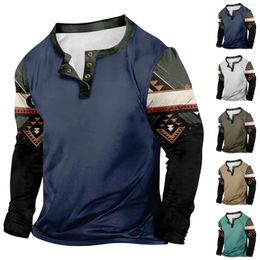 Camisetas para Hombre, Camiseta deportiva de moda de manga larga con botones y cuello en V Vintage para exteriores, camisa de calle con patrón Simple de alta calidad, Ropa para Hombre