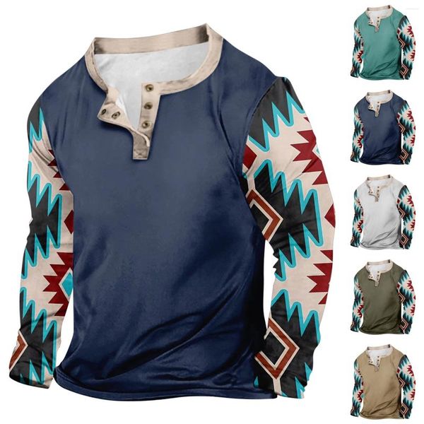 Camisetas para hombre Al aire libre Vintage Botón con cuello en V Manga larga Moda Camiseta deportiva Patrón de temperamento simple de alta calidad Ropa De Hombre