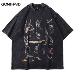 Camisetas para hombre Camisetas desgastadas de gran tamaño Hip Hop Vintage Doberman Dog Print Punk Rock Camiseta gótica Streetwear Harajuku Camiseta informal 230414