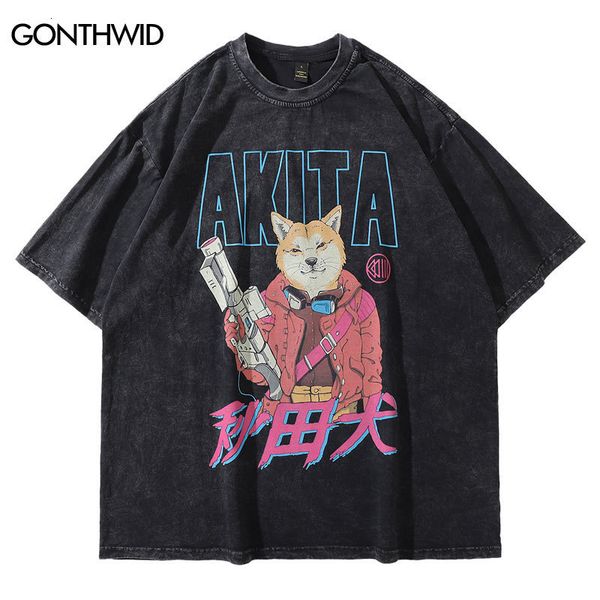 Camisetas para hombre, camiseta desgastada de gran tamaño, camisetas Vintage con estampado de perro Akita japonés de dibujos animados divertidos de Hip Hop, ropa de calle 2023, camiseta Harajuku 230422