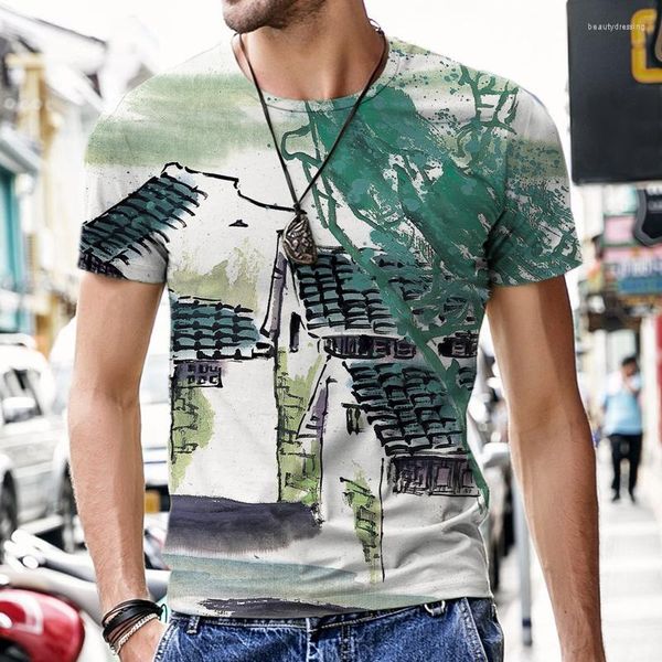 Camisetas para hombre, camiseta informal de gran tamaño a la moda para hombre, camiseta con pintura de pincel chino 3D, ropa de verano de manga corta, camisetas