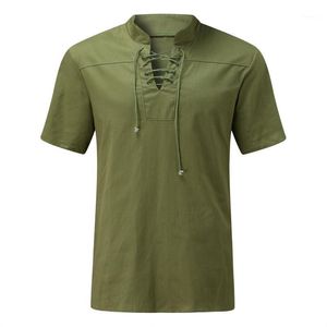 Camisetas para hombre, camiseta de gran tamaño con cuello en V, corbata Vintage con cordones, camiseta gótica de manga corta de Color sólido para hombre, pulóver, túnicas 2022