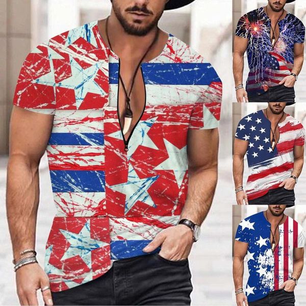 T-shirts pour hommes Pack pour hommes Shorts pour hommes Athletic Bulk Summer Independence Day Flag Digital 3D Impression Zipper Shirt