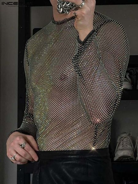 T-shirts pour hommes Party Nightclub Style Tops INCERUN Men Glitter Mesh See-through Camiseta Sexy Male All-match Long Sleeve Thin T-shirts S-5XL 230503