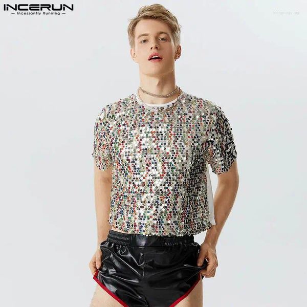 T-shirts pour hommes Party Shows Style Tops INCERUN Sequin See-through Mesh Design T-shirts Sexy Loisirs Patchwork À Manches Courtes Camiseta S-5XL