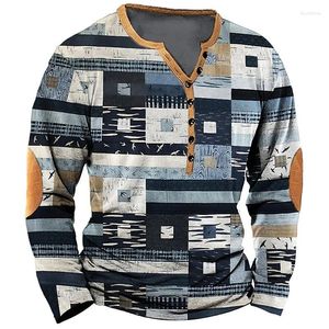 Camisetas para hombre Camisa vintage de mezclilla con retazos Patrón de cuadrícula Manga larga Estampado 3D Top con botones de gran tamaño