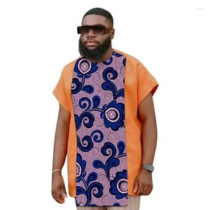 Camisetas de hombre, camisa de retales para hombre, camisetas africanas de mezcla naranja, traje de boda con estampado de moda nigeriana para hombre de manga corta