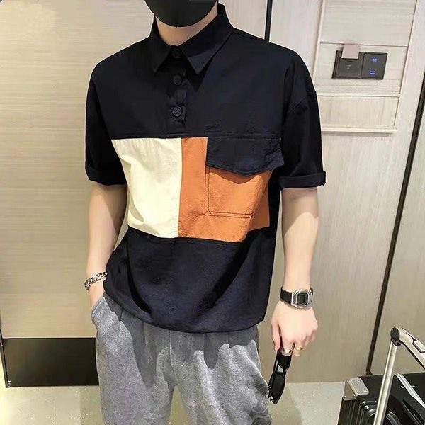 T-shirts pour hommes personnalisés Colorblock blanc col de chemise hommes T-shirt mode tendance belle marée été Polo à manches courtes Kpop vêtements