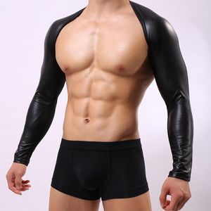 Camisetas para hombres Personalizadas de cuero sintético Hombres Malla negra Sexy Muscle Short Camiseta Manga larga Tentación Gay Wrestling Tops