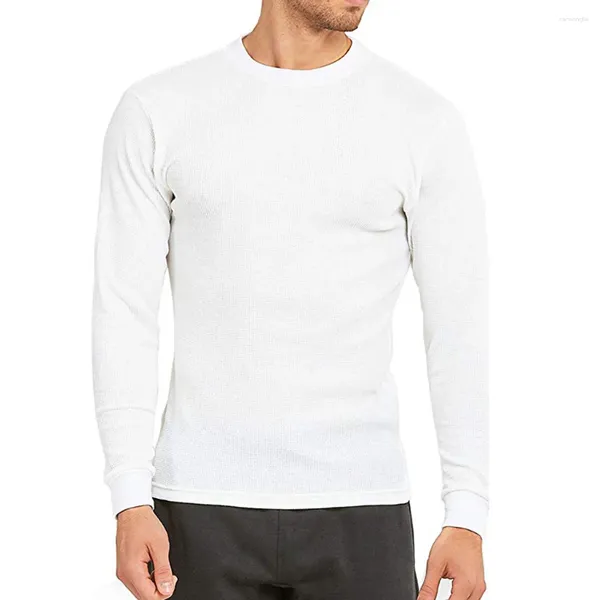 T-shirt à manches longues pour hommes, couleur unie, tricot gaufré, col rond, épais et chaud, pulls à la mode, Slim, Tops basiques