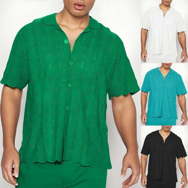 T-shirts pour hommes pièce mâle été chemise de rue décontracté ample couleur unie tricot à manches courtes boutonné revers Blouse faux t-shirts hommes