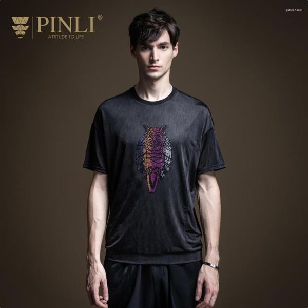 T-shirts pour hommes Pinli 2023 été mince col rond polyester brodé anti-rides taille élastique décontracté T-shirt à manches courtes B202311078