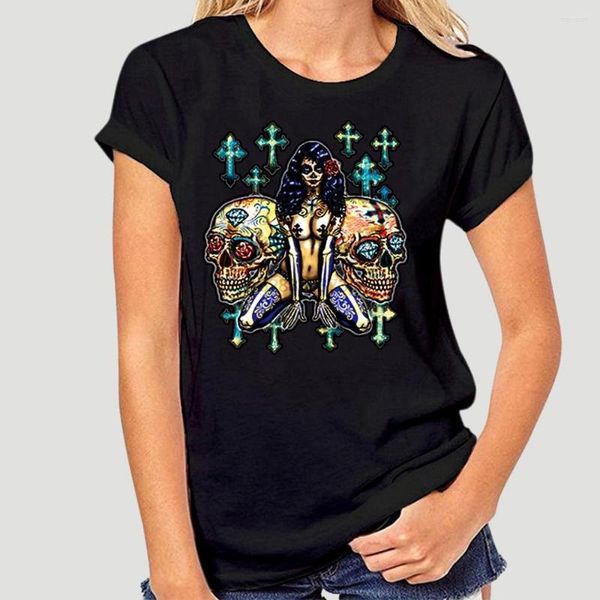 Camisetas para hombre, camiseta con calavera de azúcar y chica Pinup, camiseta malvada del Día de los Muertos en topless 5672A