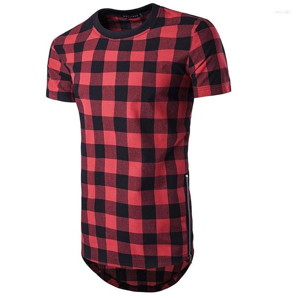 Camisetas para hombre, camiseta larga a cuadros, camiseta para hombre 2023, ropa de calle Extra larga, camiseta Hipster Hip Hop informal con cremallera lateral, Camisetas XXL