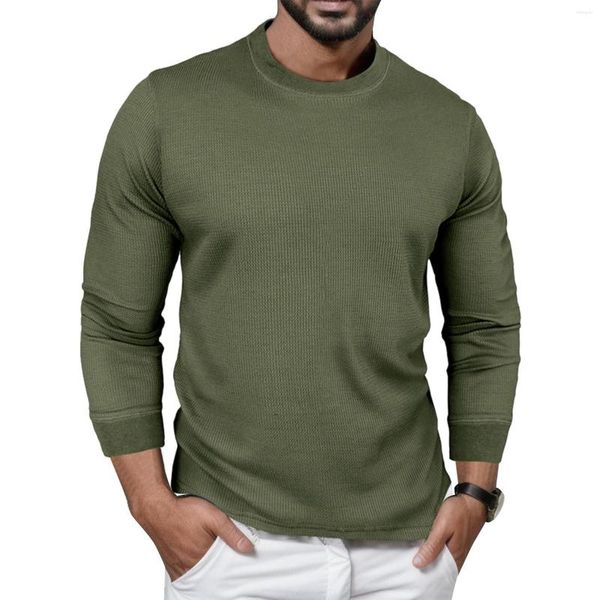 Camisetas para Hombre, Camiseta a cuadros para Hombre, cuello redondo, camisa de manga larga, camisetas de talla grande de Color sólido, Camisetas cómodas para Fitness para Hombre