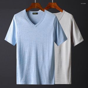 Camisetas de hombre lisas de manga corta gris azul cuello en V suave para hombres Reable de fibra de bambú de punto Casual Camisetas Masculina Vintage