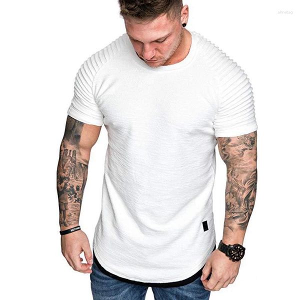 Camisetas de los hombres Plisado Arrugado Slim Fit O Cuello Manga Corta Músculo Sólido Casual Tops Verano