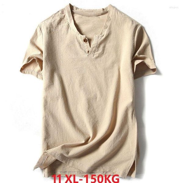 Herren-T-Shirts, Übergröße, 11XL, 150 kg, Kurzarm-T-Shirt, Herren, chinesischer Stil, Sommer-Herren-T-Shirt, Vintage-V-Ausschnitt, Heim-Casual-T-Shirts, Khaki, 140 kg