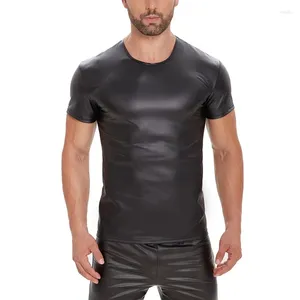 T-shirts pour hommes, grande taille 5XL, en cuir PU extensible, à manches courtes, haut, Look mouillé, Slim Bar, Performance sur scène