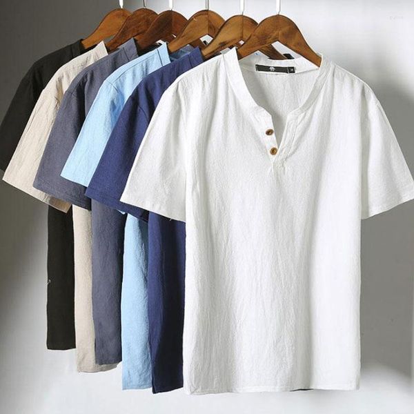 T-shirts pour hommes, plus la taille M-5XL été hommes T-shirt coton lin solide boutons décontractés manches courtes confortable hommes hauts vêtements