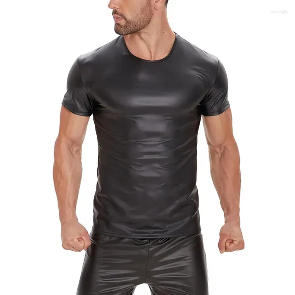 T-shirts masculins plus taille s-5xl sexy couleur solide pu cuir tops camisoles à manches courtes t-shirt pour hommes de mode printemps d'été