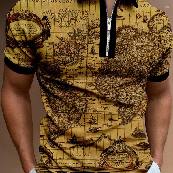 Camisetas para Hombre Polo Camisa para Hombre Vintage The Map Impresión 3D Cremallera Unisex Moda Rayas Hombres Camiseta De Manga Corta