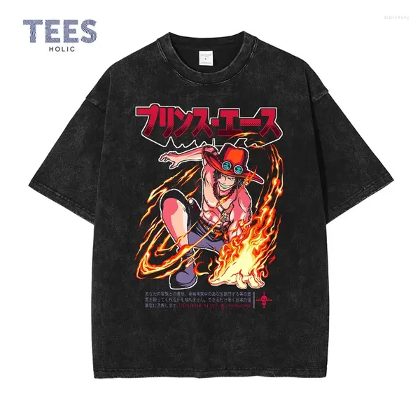 Camisetas para hombre, camisetas Portgas D Ace, ropa de calle Vintage lavada de Anime, camisa de una pieza, camisetas de Manga corta Harajuku de verano para hombre