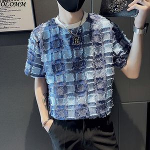 T-shirts pour hommes T-shirt T-shirt Fashion Couche courte Vêtements masculine Top Top Camisa Strange Plaid 3D Lace Blue Black Corée