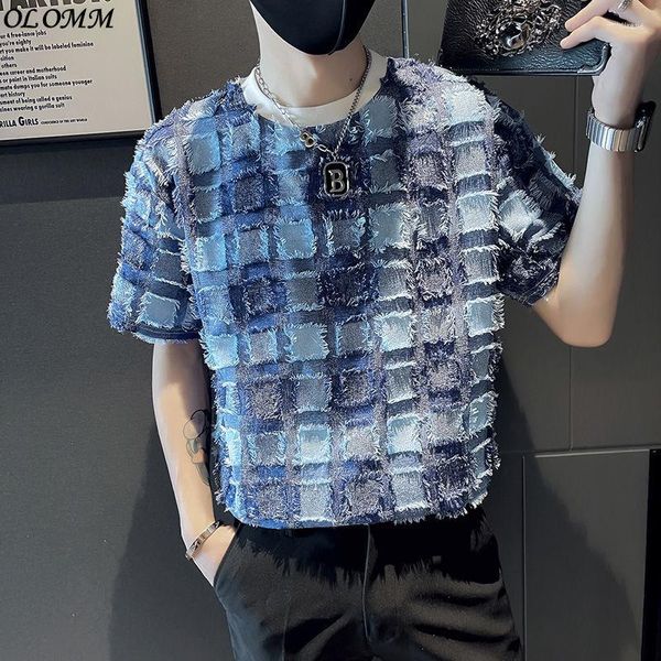 Camisetas para hombre, camiseta Premium, ropa de manga corta a la moda para hombre, Top de verano, Camisa Strange Plaid 3D de encaje azul negro coreano