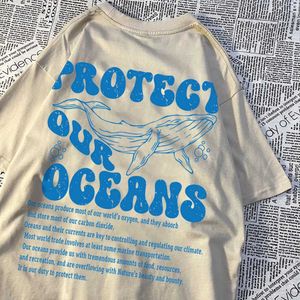 Les t-shirts masculins protègent nos océans baleine atterrissage t-shirts masculins qualité chemise coton vintage tops personnalité femme d'été h240506