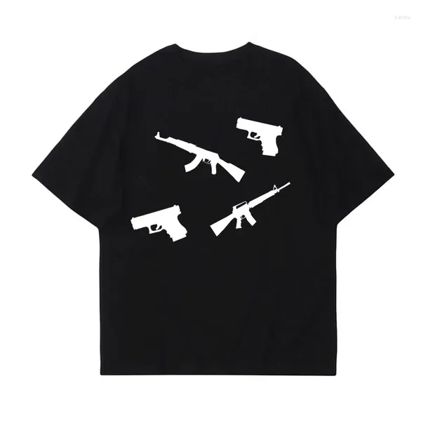 T-shirts pour hommes Punk Gun Harajuku imprimé graphique Y2K T-shirt en coton Streetwear Goth Top Hip Hop rétro à manches courtes décontracté lâche Tee