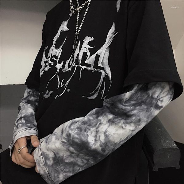 Camisetas para Hombre Punk Hip-Hop Tie-Dye Stitching Camiseta de Manga Larga para Hombre Camiseta gráfica Ropa Coreana Harajuku Alt High Street Pareja Top