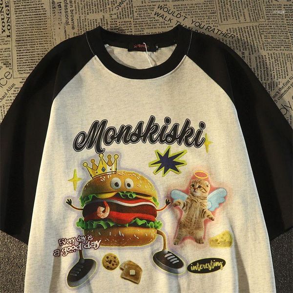 Camisetas de algodón puro para hombre, camiseta de manga corta con estampado de hamburguesa Ins, camiseta de viento dulce de verano para mujer, ropa Kpop bonita que combina con todo, camisetas Y2k