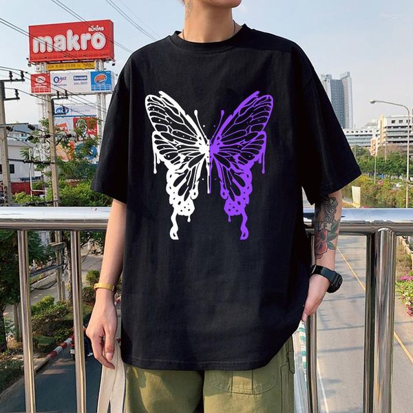 Camisetas para hombre, ropa de calle a la moda con gráfico de mariposa morada y negra para hombre y mujer, camisetas de Hip Hop, camisetas holgadas de algodón de verano para hombre