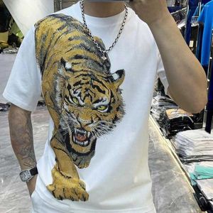 T-shirts pour hommes Qualité 2024 Summer Rhingestone Tiger Print Shirt Trendy Brand Forets à manches courtes hommes Tee Homme Club Tenues
