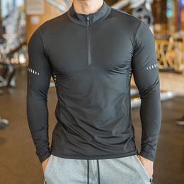 Homens camisetas Quick Dry respirável Running Shirt Homens Bodybuilding Sport T-shirt Manga Longa Zipper Stand Collar Gym Fitness Camiseta 230927