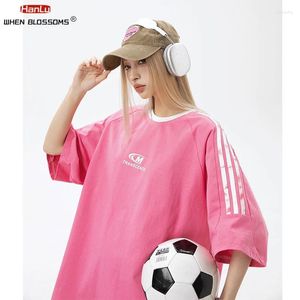 Camisetas para hombre, mangas raglán, camiseta de diseño a la moda, camiseta holgada de manga corta de algodón puro con contraste para mujer, marca rosa de verano