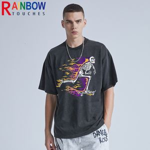Camisetas para hombre Rainbowtouches Camiseta lavada para hombre Vintage Unisex High Street Running Skulls Pattern Oversize Fashion Mens Graphic Funny 230422