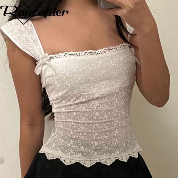 Camisetas para hombres Rapcopter Y2K Lace Crop Top Bow Square Collar T Shirt Mujeres Chic Fairycore Tee Coreano Harajuku Básico Casual Jerseys Lindo Blanco 230703