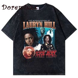 Camisetas de hombre Rapper Lauryn Hill Graphics Camiseta Unisex Harajuku Hombres Vintage ShortSleeve Washed TShirts Oversized Hip Hop Tops Streetwear J230625