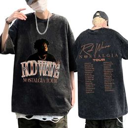 T-shirts voor heren rapper Rod Waves Nostalgic Journey Retro Wash T-shirt Mens Summer Fashion Hip Hop T-shirt Kort Mouw Street Clothingl2405L2405