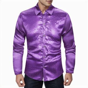 T-shirts pour hommes réguliers des années 70 Disco paillettes métalliques à manches longues robe boutonnée t-shirts flatteurs hommes