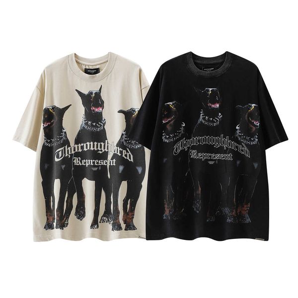 Camisetas para hombres Represnet-shirtative Hound Print High Street Washed Old Loose Manga corta para hombre y para mujer Camiseta Vintage Tee EHP6