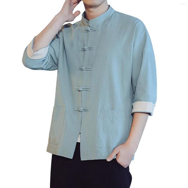 Camisetas para hombre, camisa de manga corta de algodón con cuello Retro, ropa Tang para hombre, placa con hebilla, informal, Hanfu, alto para hombre
