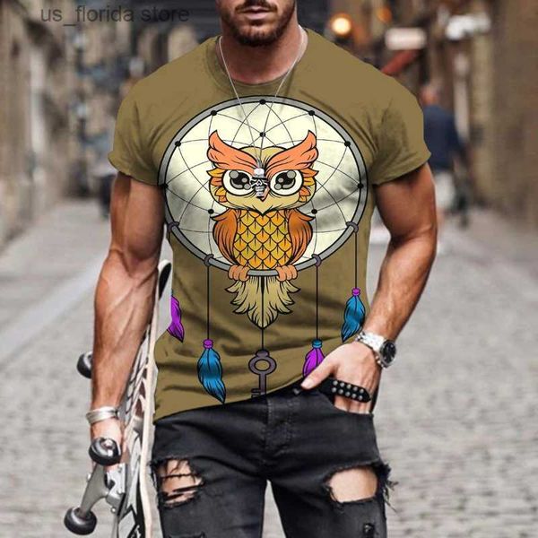 T-shirts pour hommes T-shirt pour hommes rétro 3D imprimé animal hibou T personnalité d'été mode vêtements de sport courts slves col rond surdimensionné hauts Y240314