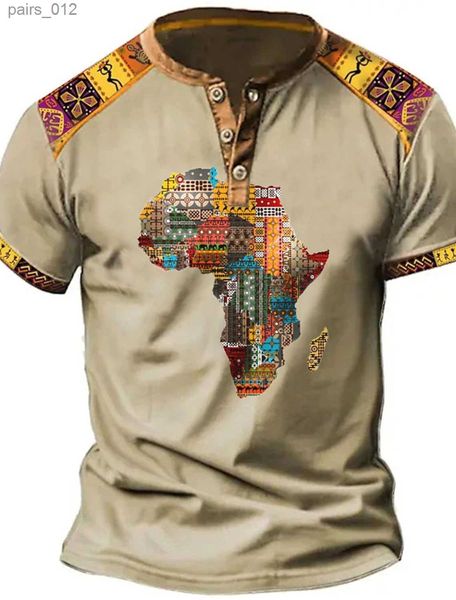 T-shirts masculins T-shirt pour hommes rétro Afrique T-shirt d'impression 3D Global Bouton V-Neck Extra Large Classeur Clothing Street Outdoor Top YQ240415